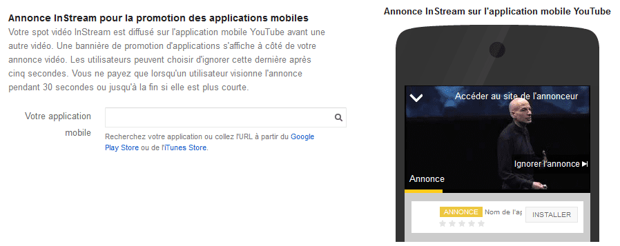 annonce instream promotion des applications mobiles