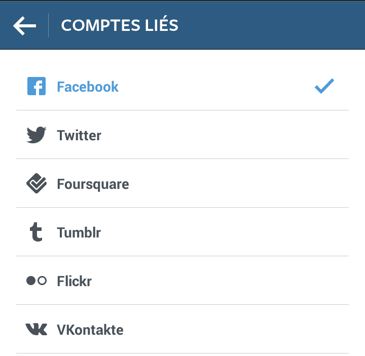 comptes liés instagram : facebook, twitter, foursquare, tumblr, flickr, vkontakte