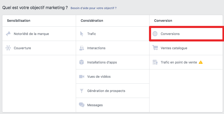 campagne facebook conversions